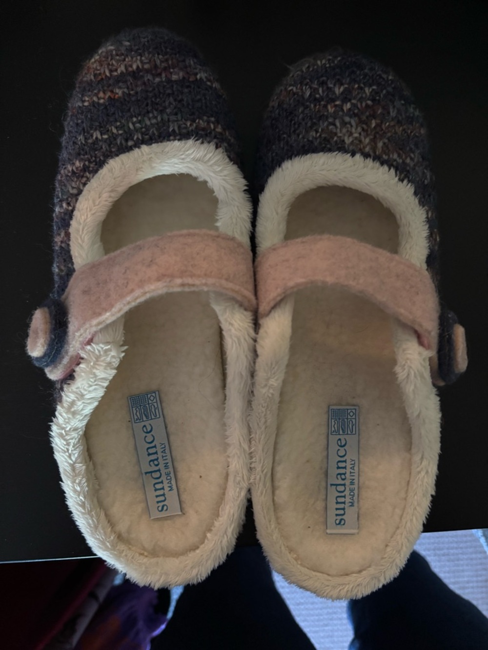 Sundance Pink Strap Knit Mary Jane Slippers with Cream Fleece Lining